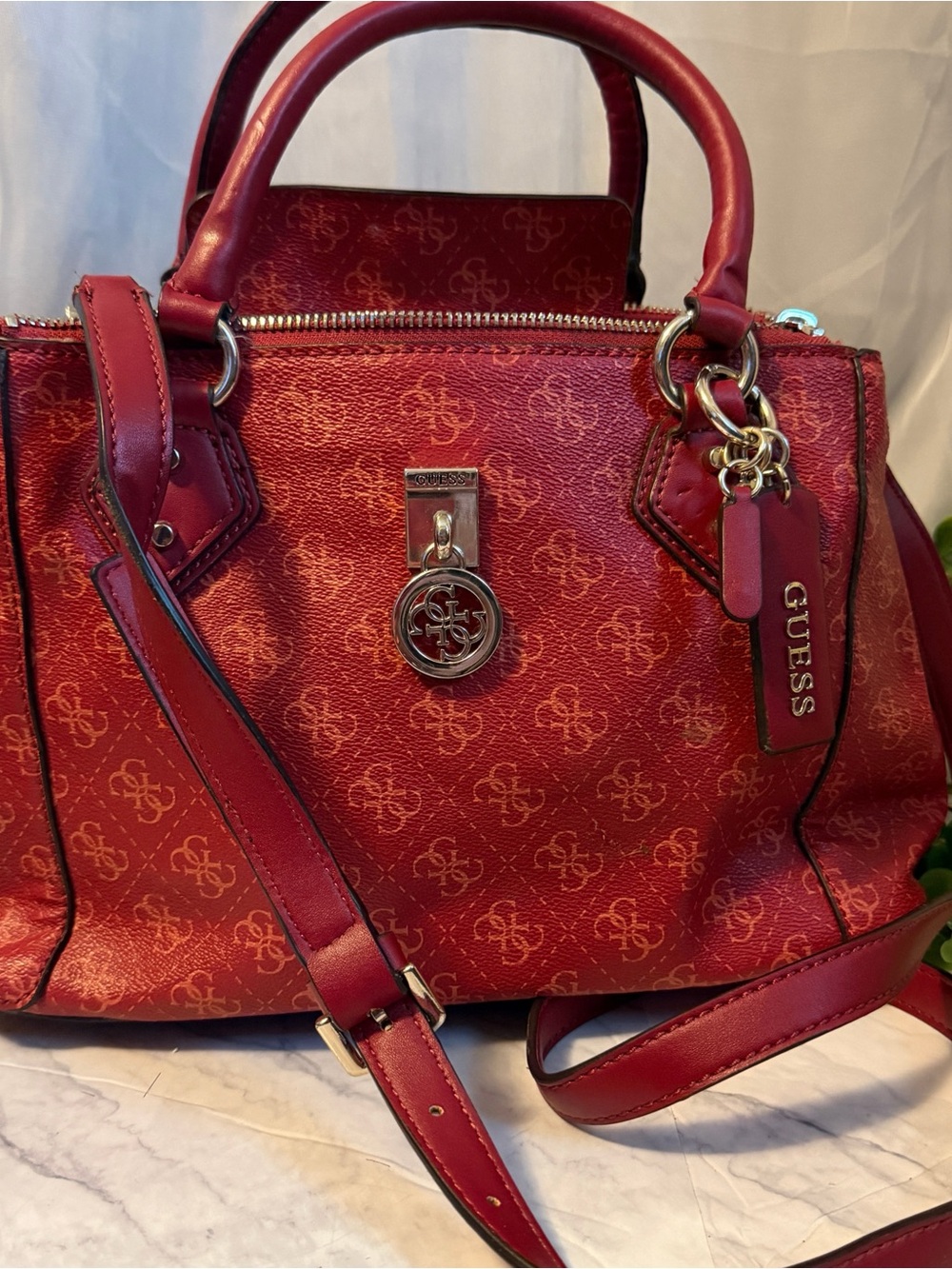 GUESS Red Logo Satchel Crossbody Handbag Charm Adjustable Strap